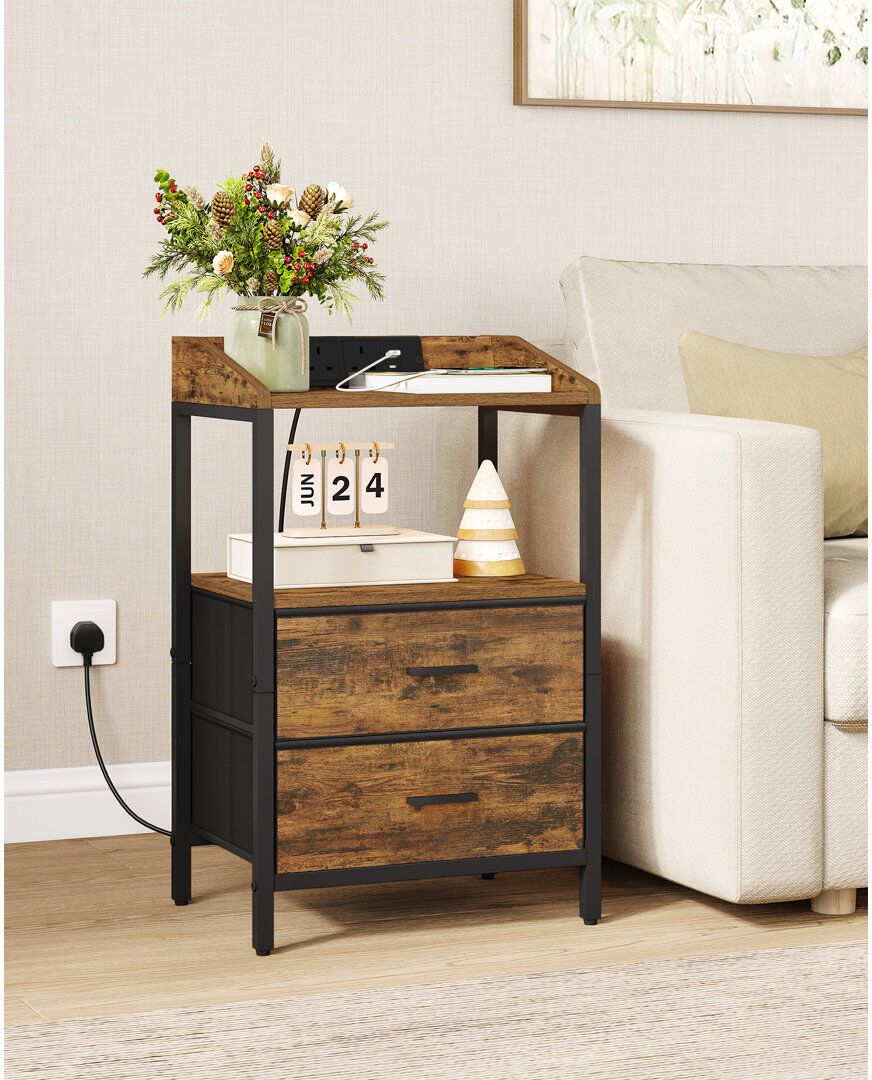 Metro Bedside Tables Set of 2 with LED Lights and Charging Station, Bedside Cabinet with 2 Fabric Storage Drawers, Nightstand with USB Ports & TypeC for Bed Rustic Brown 68cm H X 40cm W X 30cm D