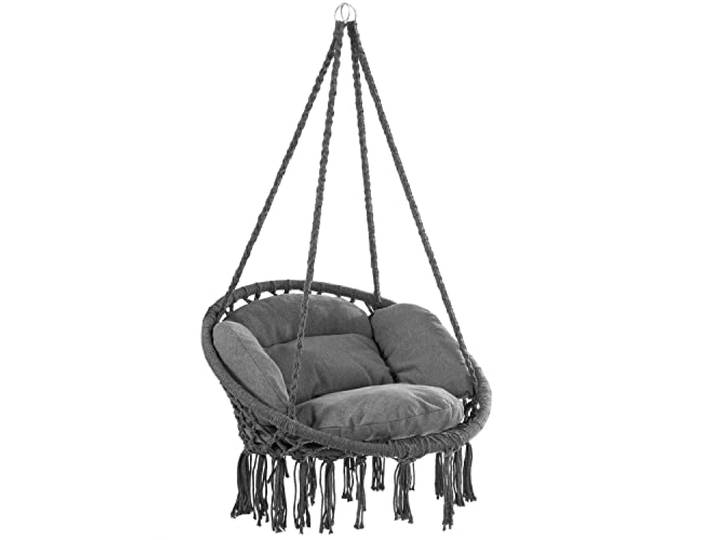 Detex Hangstoel met 2 Kussens Belastbaar tot 150 kg Ø 60 cm Weerbestendig 360° Schommel Binnen Buiten Boho Makramee Antraciet