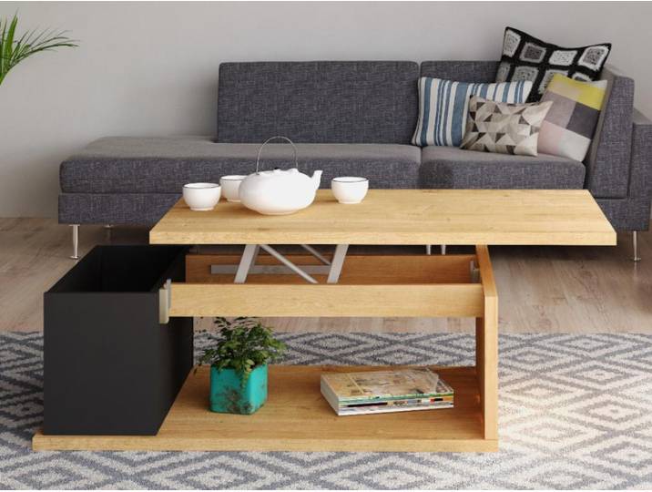 Table basse réglable en hauteur - MDF - Chêne & Anthracite - ALDANA