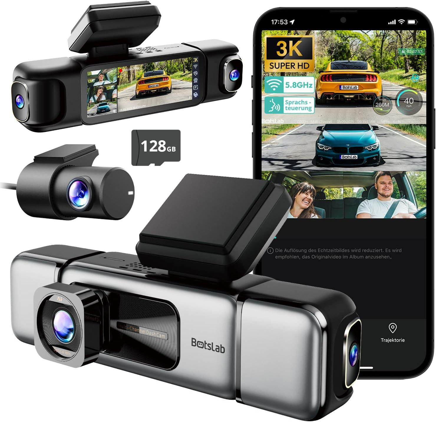 SmartAI BOTSLAB 4-kanaals dashcam voor auto met 3K + 3 * 1080P resolutie, GPS, 5GHz WiFi, 3,18 inch IPS-scherm en 128GB SD-kaart