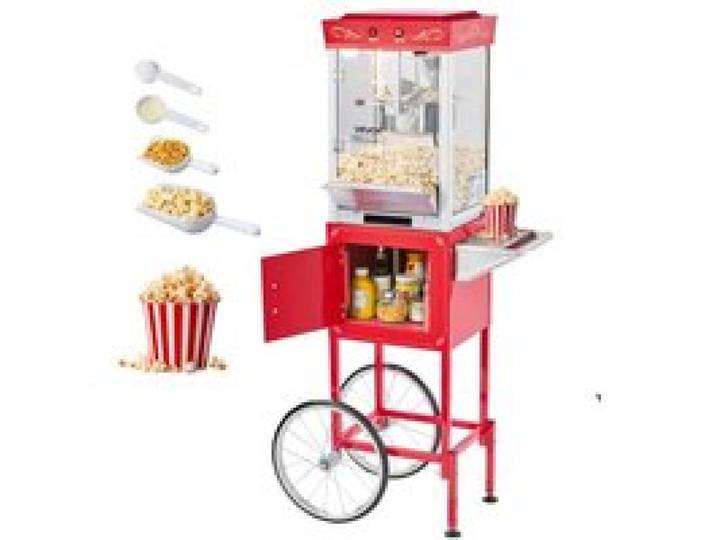 VEVOR Popcornmaschine Popcornautomat mit Kessel & Wagen, 800 W kommerzieller Popcornmaker, 48 Tassen pro Ladung, mit 2-Tasten-Bedienung, Glaswand, PC-Tür, 1 Portionierer, 3 Löffel, Rot