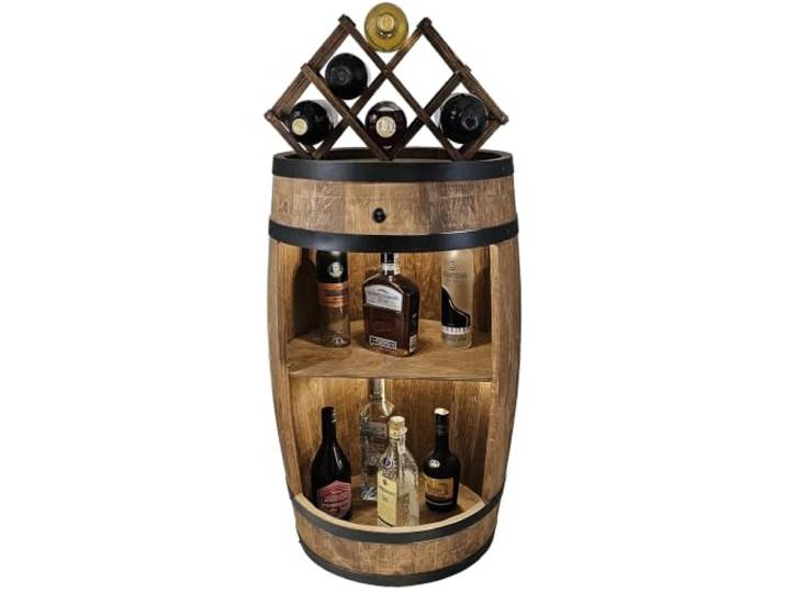 CREATIVE COOPER Fassbar LED mit Weinhalter - Weinregal - Holzfass Hausbar 80cm - Rustikaler deko Barschrank Weinständer – Fass, Bar Whisky, Bierfass Weinschrank (Wenge)