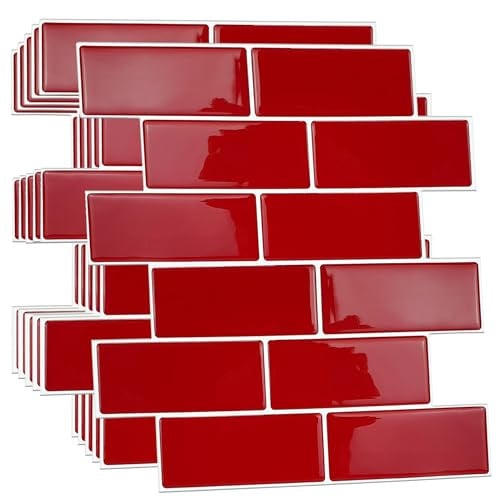 WALPLUS Set van 6 3D-tegelstickers voor badkamer en keuken, Rood, 30,5 x 30,5 cm