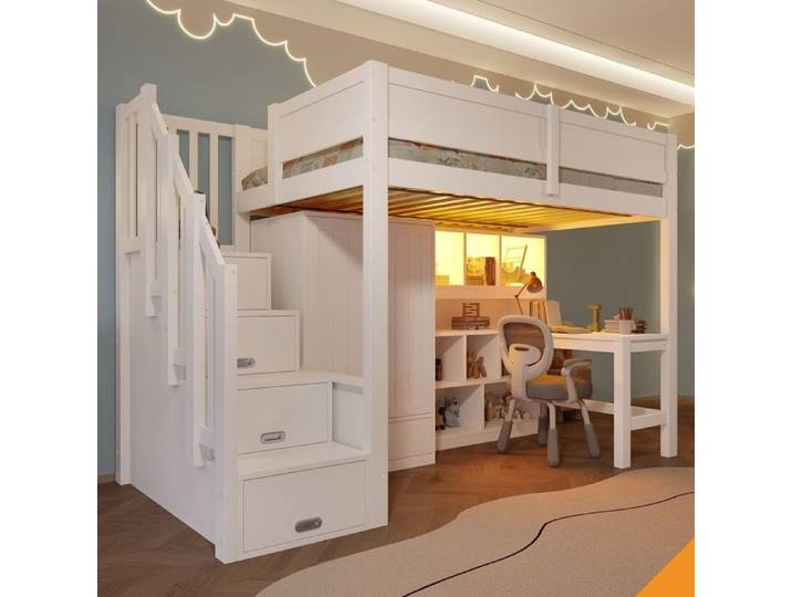 Lit mezzanine avec bureau intégré rangements et LED couchage 90x200