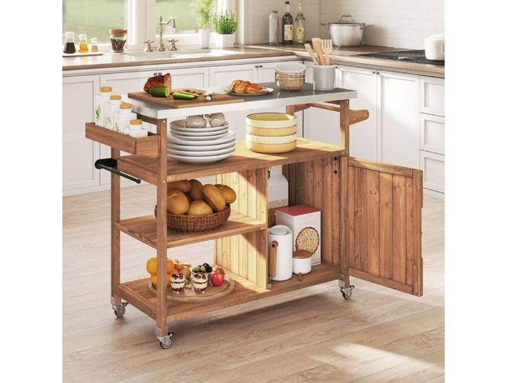 Îlot de cuisine mobile avec plan inox grand rangement 3 étagères + porte-épices 4 roues dont 2 freinées pour extérieur