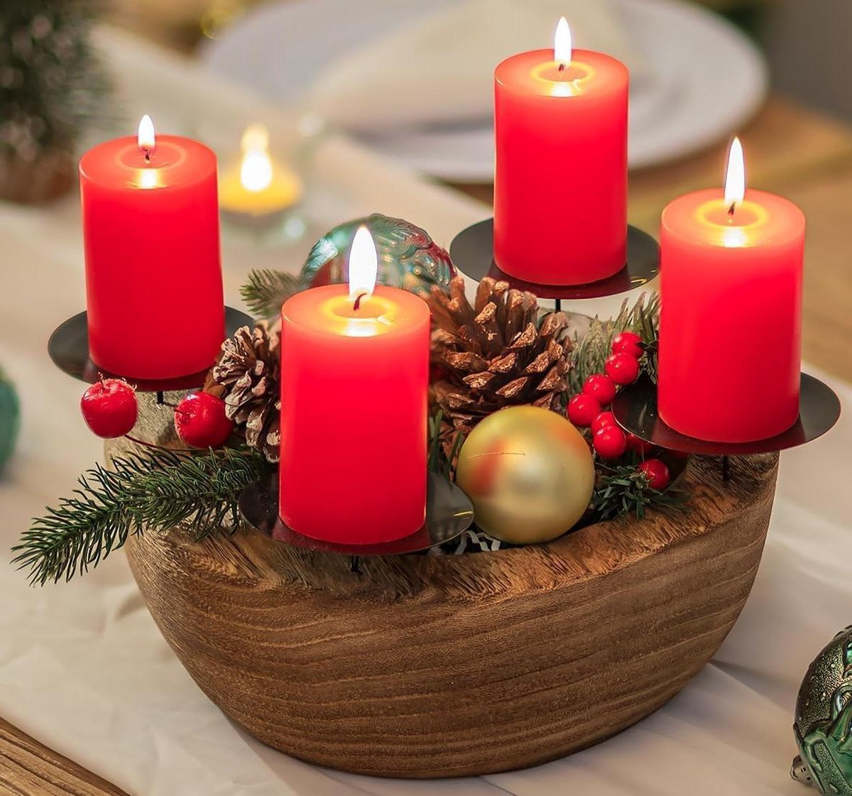 Houten adventskrans kaarsenhouder met 4 standaards voor stompkaarsen
