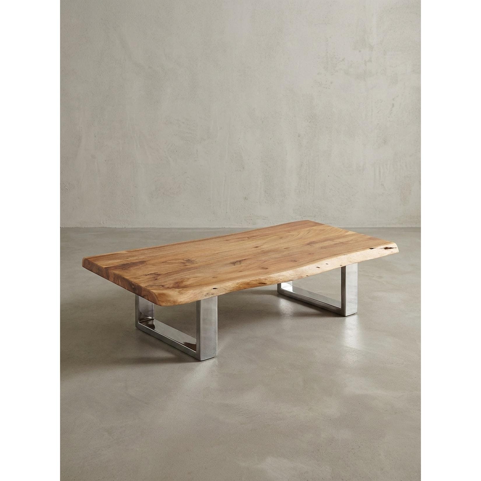 Couchtisch Braun Akazien-Massivholz mit Metallgestell, Baumkante, 115x25x58cm