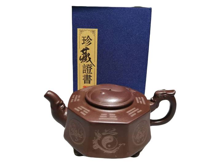 Théière chinoise Zisha, plateaux de santé, Bagua Taijitu, animaux célestes, Dragon gravé, poignée sculptée, Motif