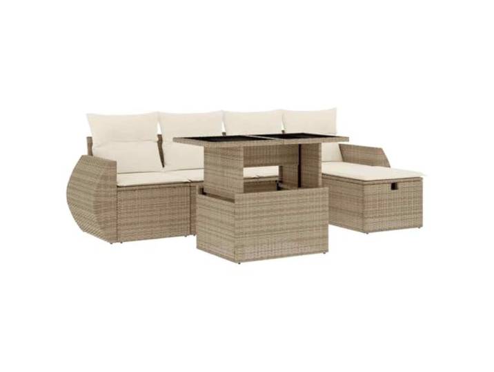 Gartenmöbel-Set, 6-teilig, Polyrattan, beige, Kissen, Couchtisch aus Glas PE-Rattan, pulverbeschichteter Stahl, abnehmbare Kissen waschbar, Tischplatte aus gehärtetem Glas, Füße aus