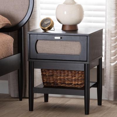 Shirin Mid-Century Beige Fabric and Black Wood 1-Drawer Nightstand by Wholesale Interiors INC in Black (Size OS)