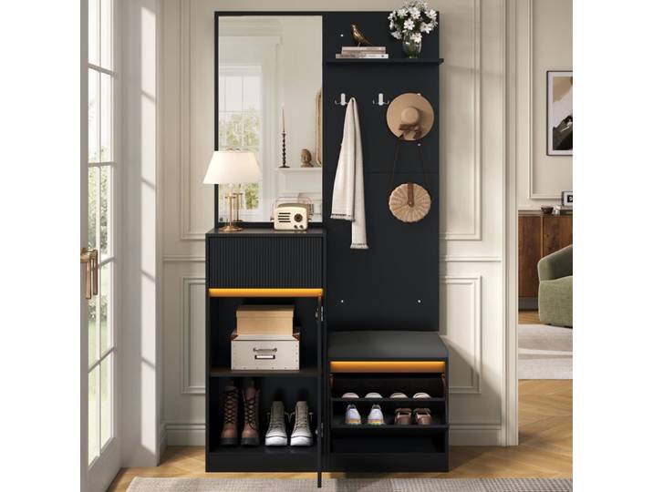 Meuble d'Entrée avec Penderie Miroir et Tiroirs – Vestiaire Moderne avec Noir et Armoire Chaussures