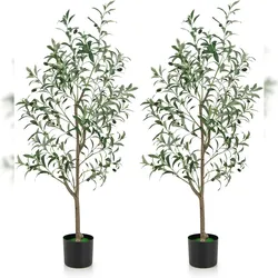 COSTWAY Set of 2 Artificial Olive Trees, Artificial Plant 130 cm, Indoor Plant with Cement Pot & Natural Leaves & Fruits
