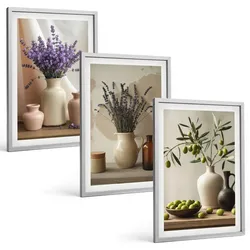 BILDER SET 3er Set - 40x60 cm Silberner Rahmen - Lavendelblüten, Oliven, Gefäße