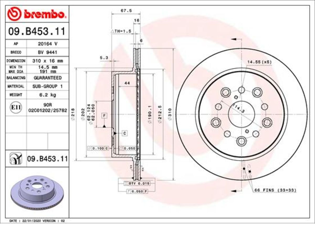 Bremsscheibe BREMBO 09.B453.11, hinten, belüftet, 1 Stück