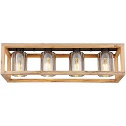 Deckenlampe Esstisch Retro Deckenleuchte rustikal Landhaus Deckenlampe Wohnzimmer Holz, MDF Glas rauch Metall, 4 Flammig E27, LxBxH 75x20x22,5 cm