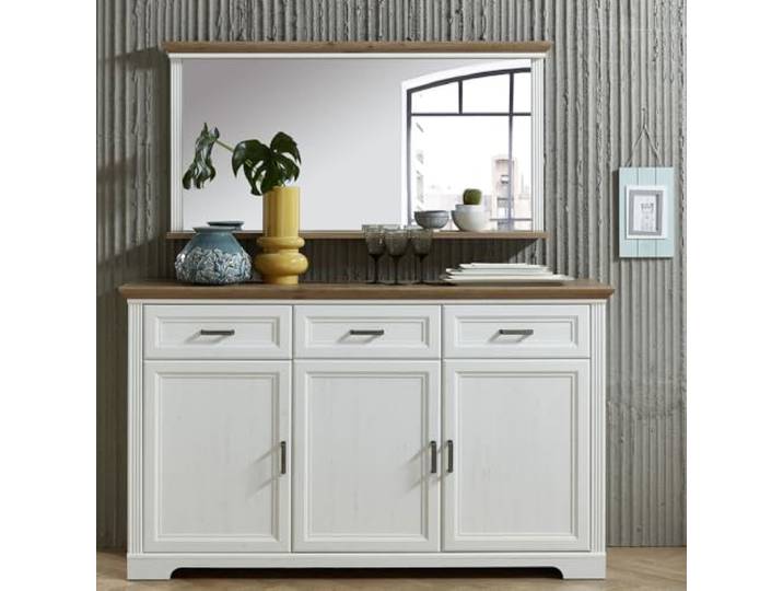 Sideboard und Spiegel Set in Pinie weiß und Artisan Eiche Nb. Landhaus-Stil