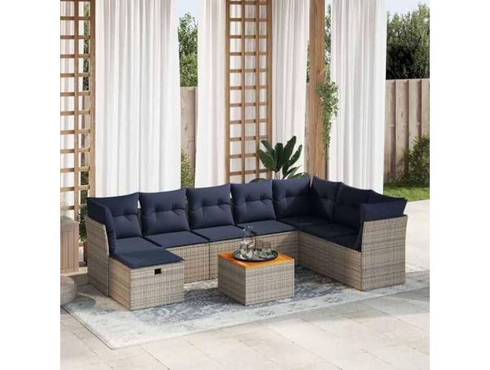 KTHLBRH Gartenmöbel-Set, 9-teilig, mit Kissen, grau, Polyrattan Outdoor Lounge mit Sitzsack, wasserdichter Bezug, pulverbeschichteter Stahl