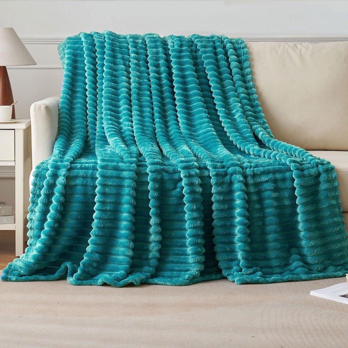 SnelShoppen Fleece Throw Blanket Corduroy Look - Teal Groen - 125 x 150 cm