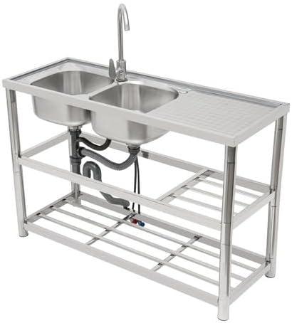 Edelstahl Spültisch Freistehende Küchenspüle 2 Becken 3 Ebenen Spülbecken Gastro Spüle mit Kalt und Warm Wasserhahn, Gewerbliche Edelstahlspüle für Restaurant Inkl. Zubehör 120x45x80 cm