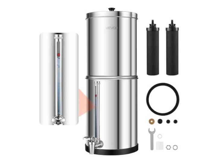 VEVOR Système de Filtration d'Eau par Gravité 5\,68 L Filtre à Gravité Inox\, Pour Camping\, Fontaine Filtrante Réduction du Plomb et Jusqu'à 99% du Chlore\, 2 Cartouches à Charbon\, Jauge de Niveau d'Eau