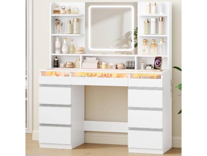 Hzuaneri Schminktisch mit RGB-Beleuchtung und große HD-Spiegel, Weiß Schminktisch mit Glasplatte und LED-Beleuchtung, Steckdosenleiste, 9 Schubladen, Schlafzimmer-Ankleidezimmer, DT44903XEU