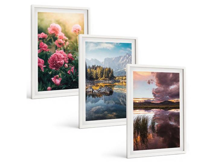 BILDER SET 3er Set - 40x60 cm Weißer Rahmen - Blumengarten Berge Wasser