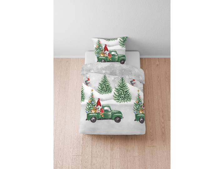 Linge de lit lutins et sapin 135 x 200 cm + oreiller 80 x 80 cm Gris