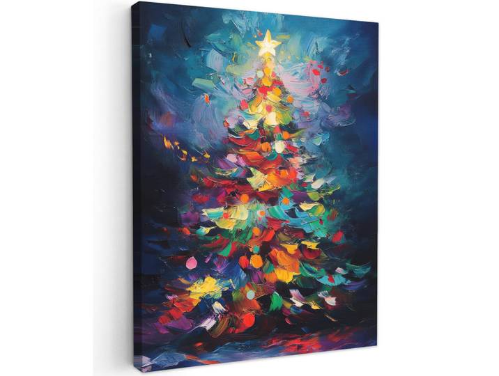 MuchoWow Leinwandbild - Weihnachtsbaum - Weihnachten - Abstrakt - Farbenfroh - 60x80 - Gemälde, Mehrfarbig, Textil, Kiefer, Rechteckig, 60x80 cm, gerahmt, Bilder & Rahmen, Bilder, Wandbilder