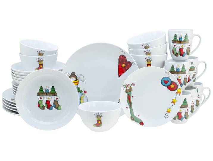 Kombiservice CREATABLE Luna Socken, Kombi-Service 30-tlg , weiß, 30 Stk., Porzellan, Geschirr-Sets, Kombiservice, Winterlicher Dekor mit lustigen Sockenmotiven