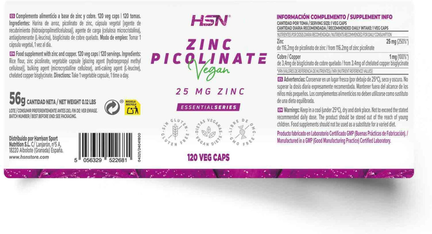 HSN Picolinato de zinc (25mg zinc) - 120 veg caps - Minerales - Cápsulas Vegetales - 120  Servicios