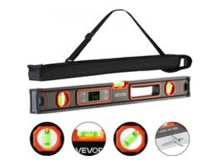 VEVOR Niveau Électronique 600 mm, Niveau à Bulle Numérique Magnétique 360° pour Construction, Bricolage, Menuiserie et Rénovation, avec Écran LED Rétroéclairé et Fioles 0°, 45°, 90°, Indice IP54