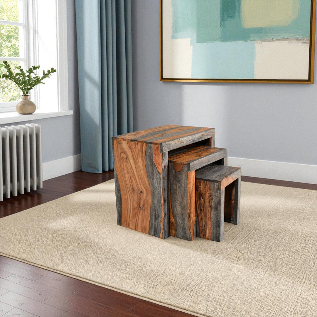 Daily Sales Goa Cube Solid Wood Top Trestle Rectangular Nesting Side Tables Brown;Gray 45cm H X 45cm W X 30cm D