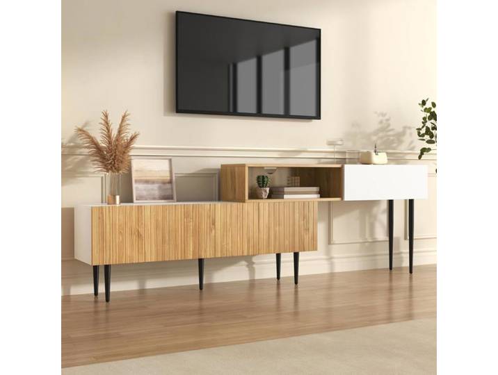 TV Stand Adjustable Length Modular Design in 2 Parts Metal Legs Modern Bench TV Table for Living Room Wood + Matt White