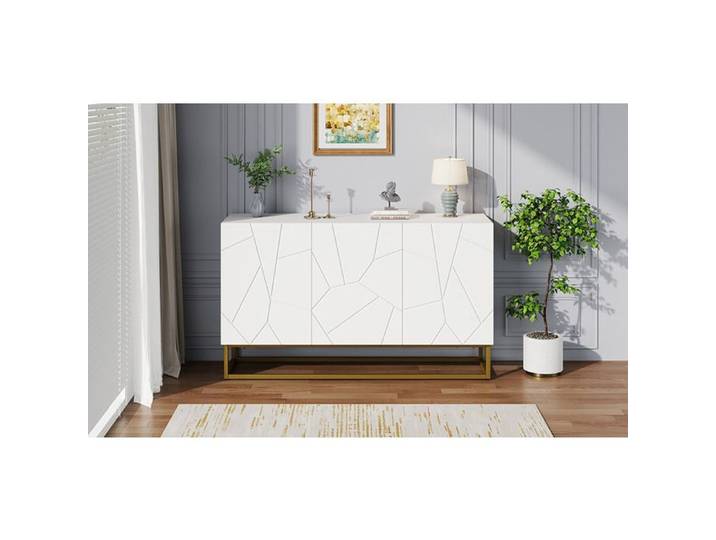 ROVRYN Buffet bas 130 cm 3 portes blanc brillant et doré avec étagères réglables