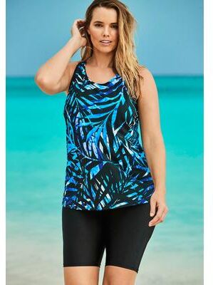 Longer-Length High-Neck Racerback Tankini Top by Swim 365 in Blue Painterly Leaves (Size 14)