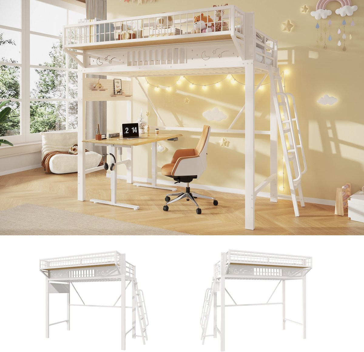 Zubaliya Kinderhoogbed met opbergkast en metalen bedframe, Wit, 90 x 200 cm
