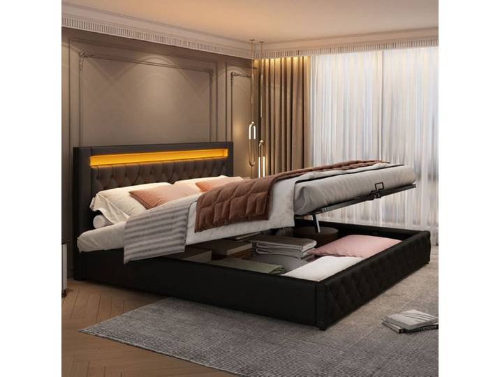 Lit Coffre 140x190 avec Sommier et tête de Lit Double avec LED et Rangement polyuréthane Noir(Sans Matelas)