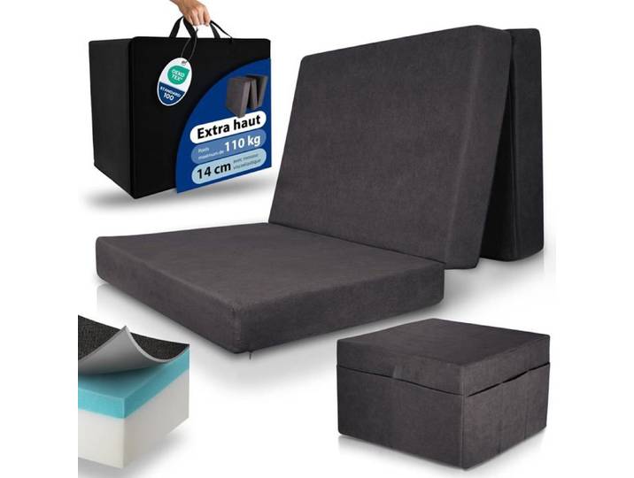 Beautissu Premium L Matelas Pliable 100x200 cm Anthracit avec Housse – Extra Épaisse 14cm Degré Fermeté H3 & Housse Lavable