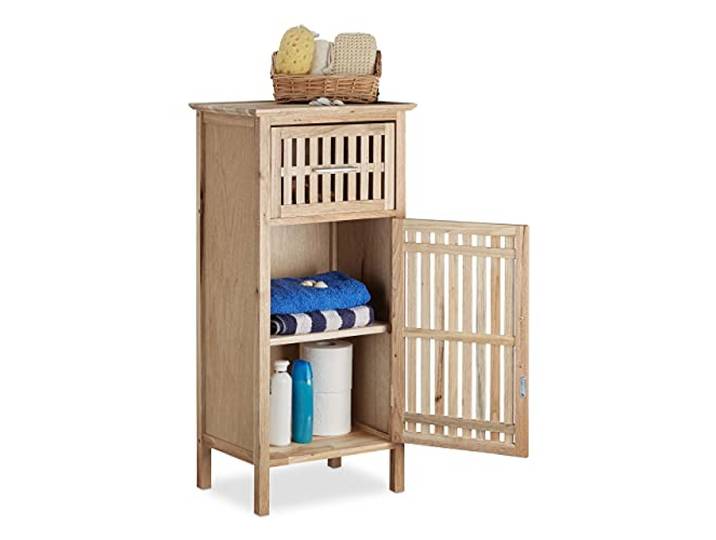 Relaxdays Badschrank Walnuss, platzsparender Nischen Beistellschrank, halbhoher Holzschrank 82 x 40 x 29 cm HxBxT, Natur