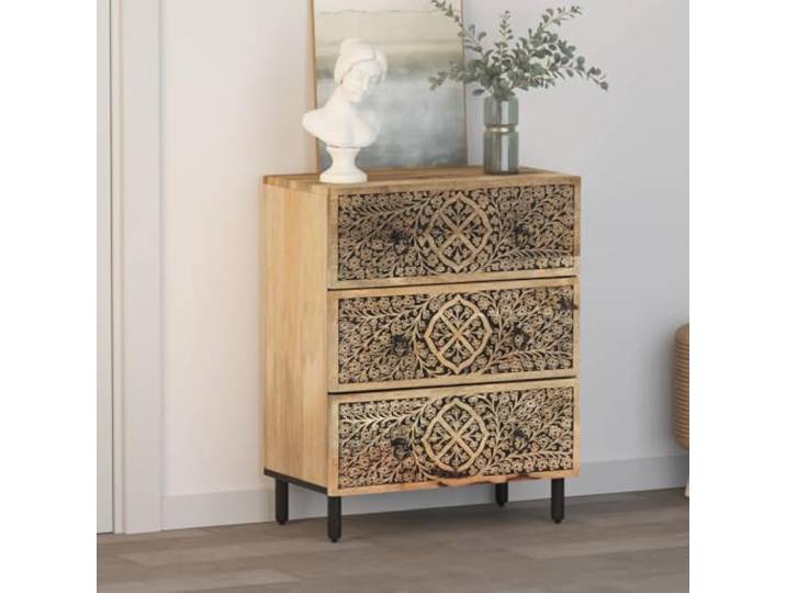 KTHLBRH Sideboard 60 x 33 x 75 cm aus massivem Mangoholz Handgeschnitztes Blumenmuster, Eisenbeine, großer Stauraum, Retro-Stil