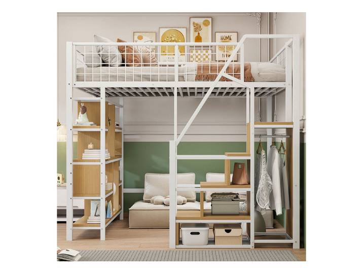 MODFU Kinderbett mit Stauraumtreppe (Metallbett Hochbett mit Ablageflächen, 140x200 cm), ohne Matratze