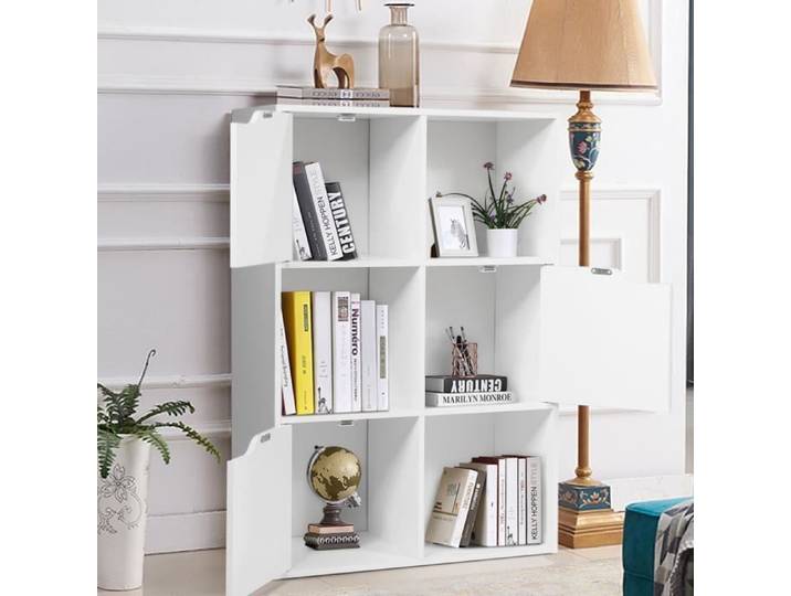 DREAMADE Bibliothèque avec 6 Compartiments Meuble de Rangement en Bois Etagère à Livres pour Salon Bureau Style Moderne Blanc