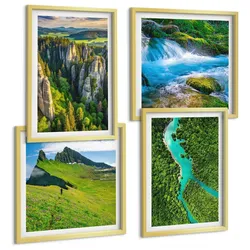BILDER SET 4er Set - 50x50 cm & 40x60 cm Goldrahmen - Grüne Berge, Flussfelsen