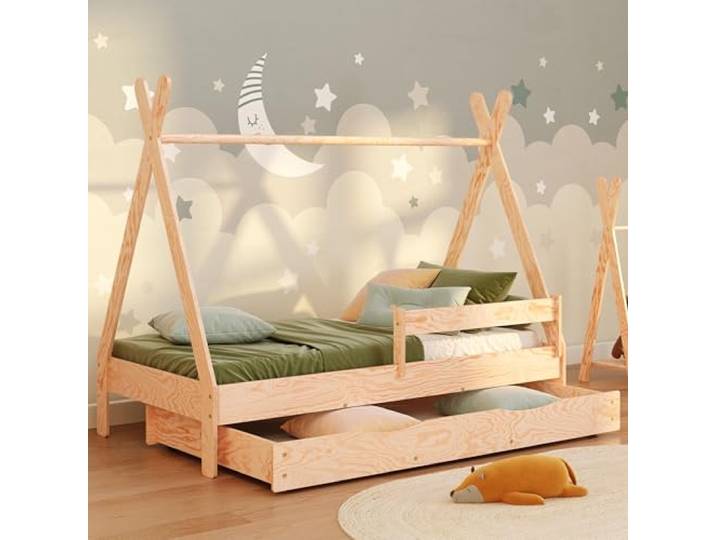 smartwood Hausbett 90x200 cm mit Schublade, aus Kiefernholz, Tipi D Montessori Kinderbett, Rausfallschutz, Stauraum, Lattenrost bis 230 kg, FSC-Holz, abgerundete Kanten, Einfache Montage