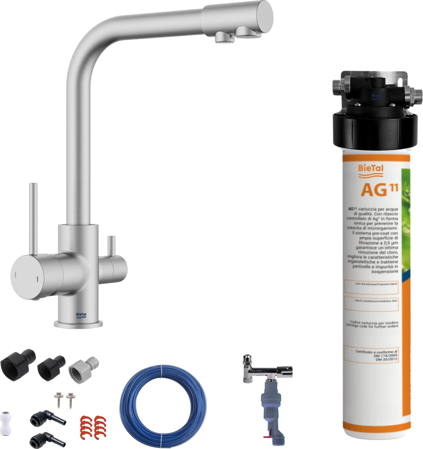 BieTal Untertisch Wasserfilter Aktivkohle 3-Wege Hahn Edelstahl Look Wasserstop