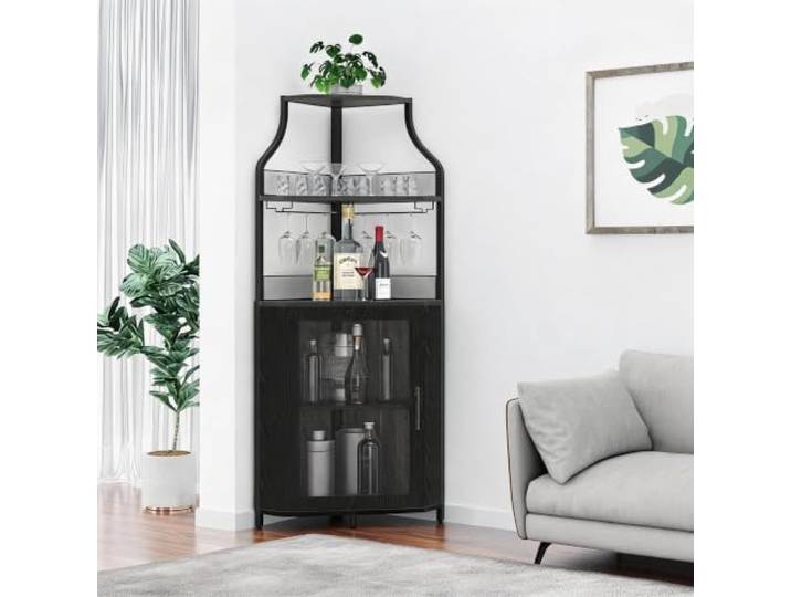 GarveeMore Eck-Bar- Und Weinschrank – Abnehmbares Weinregal Glashalter – Gittertür – 5-stöckig – Verstellbare Einlegeböden – Stauraum für Spirituosen & Gläser – Industrial-Look