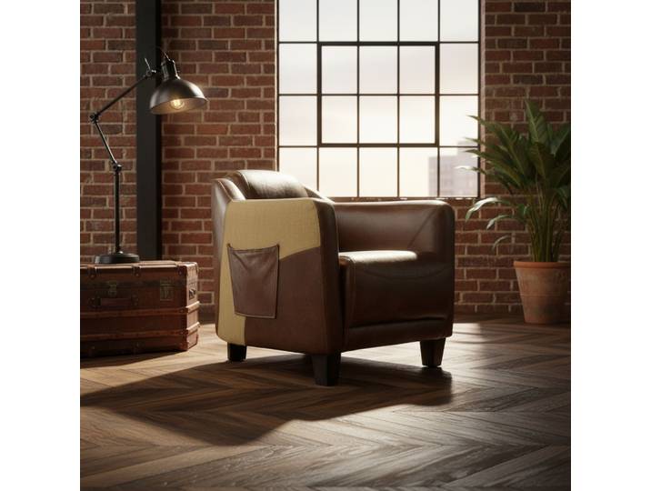 Fauteuil Club Gentleman Pocket en Cuir et Toile de Jute - Cigare