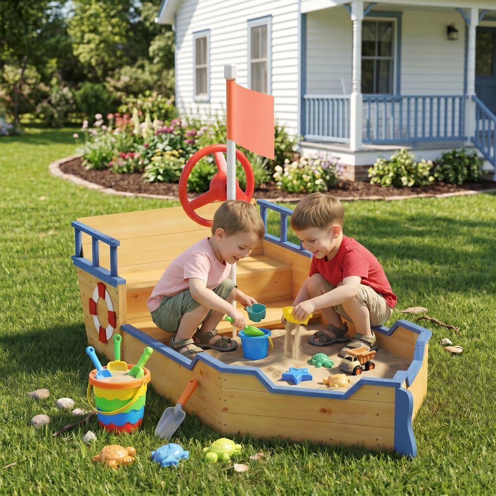 Outsunny Bac à sable bateau de pirate - banc, coffre, bâche - bois sapin Jaune 158x46x78cm