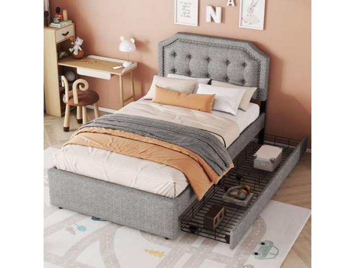 Lit simple 90x200 cm - OEM - Lit coffre - Gris - 1 personne - Avec tiroirs
