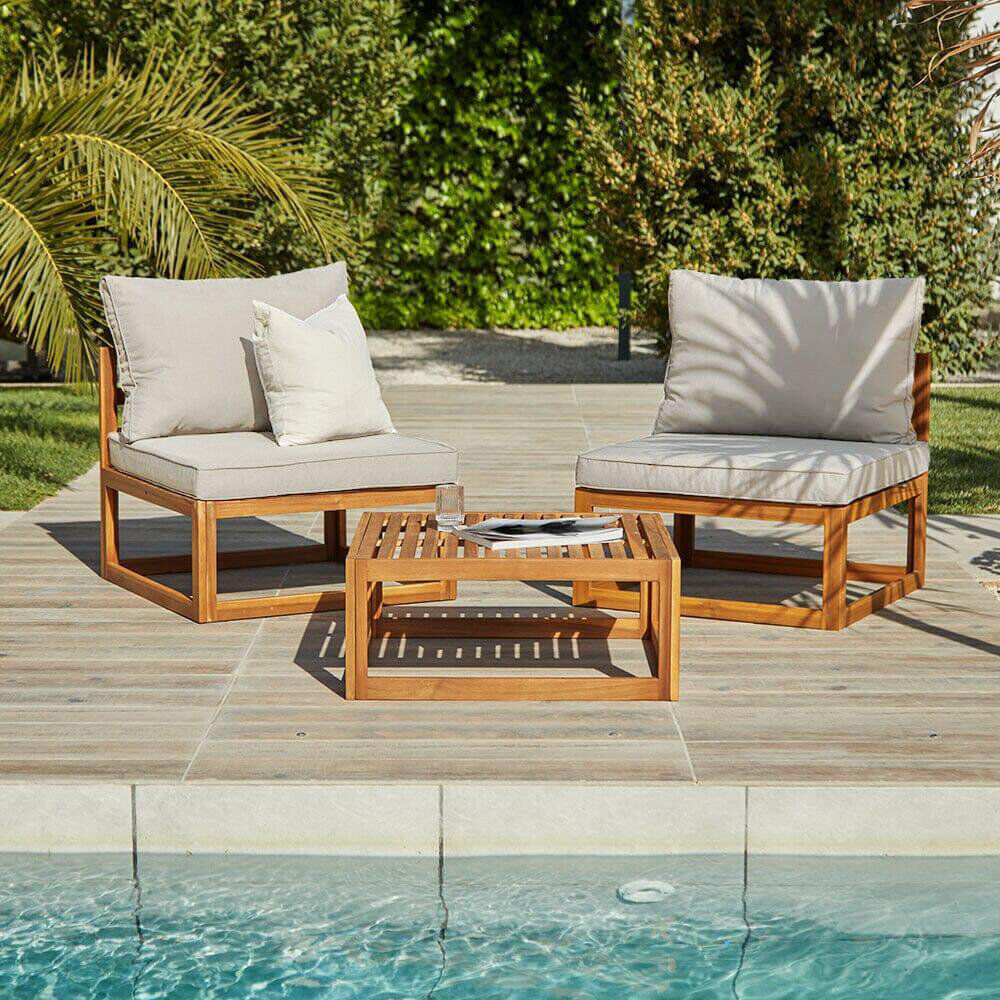 17 Stories Wooden Garden 2 Chairs & Coffee Table Set - Natural Natural Wood 2